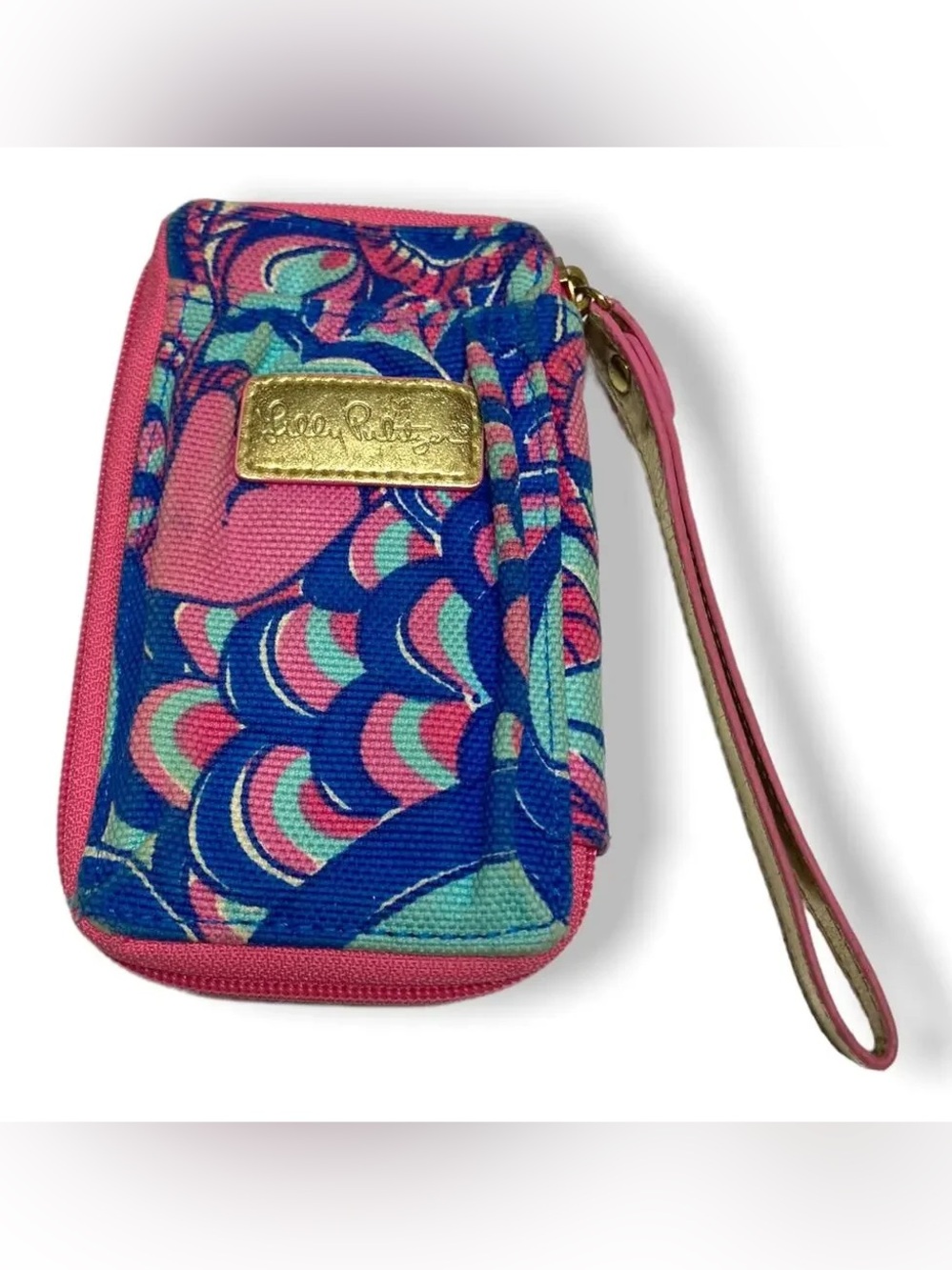 Lilly Pulitzer Zip Around Wallet Pink Blue 2015 Canvas Peacock Wristlet